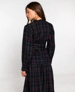 BLUSA TALK LATER · CUADROS TARTÁN -[品牌] Ventas THE-ARE blusa azul cuadros escote pico cuello plisado cinturon mujer the are eci img 2