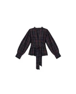 BLUSA TALK LATER · CUADROS TARTÁN -[品牌] Ventas THE-ARE blusa azul cuadros escote pico cuello plisado cinturon mujer the are eci img 5