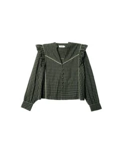 BLUSA FIRST COFFEE · CUADROS -[品牌] Ventas THE-ARE blusa estampado cuadros volantes mangas conjunto mujer the are eci img 5