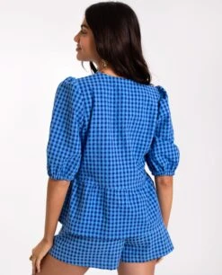 BLUSA VERA · AZUL -[品牌] Ventas THE-ARE blusa manga corta cuadros vichy azul conjunto mujer the are eci img 2