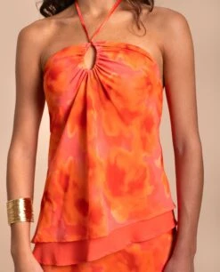 BLUSA TERESA · ESTAMPADO -[品牌] Ventas THE-ARE blusa naranja estampada flores escote halter conjunto eventos mujer the are eci img 3