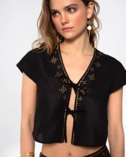 BLUSA ESSENCE · NEGRO -[品牌] Ventas THE-ARE blusa negra lino tachuelas conjunto elegante fiesta mujer the are 6 scaled