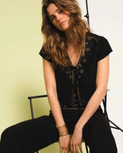 BLUSA ESSENCE · NEGRO -[品牌] Ventas THE-ARE blusa negra lino tachuelas conjunto elegante fiesta mujer the are 8