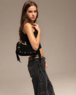BOLSO PHOENIX · NEGRO -[品牌] Ventas THE-ARE bolso dos asas piel ante negro flecos tachuelas doradas mujer the are 2 scaled
