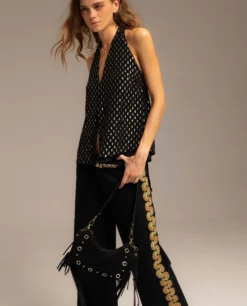 BOLSO PHOENIX · NEGRO -[品牌] Ventas THE-ARE bolso dos asas piel ante negro flecos tachuelas doradas mujer the are 3 scaled