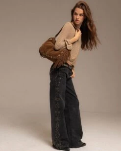 BOLSO ARIZONA · MARRÓN -[品牌] Ventas THE-ARE bolso grande piel ante marron flecos tachuelas doradas mujer the are 2