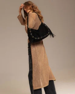 CÁRDIGAN CITY HALO · DORADO -[品牌] Ventas THE-ARE bolso grande piel ante negro flecos tachuelas doradas mujer the are 2 scaled