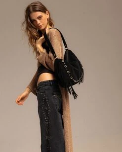 BOLSO ARIZONA · NEGRO -[品牌] Ventas THE-ARE bolso grande piel ante negro flecos tachuelas doradas mujer the are 4