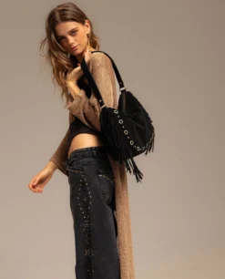 BOLSO ARIZONA · NEGRO -[品牌] Ventas THE-ARE bolso grande piel ante negro flecos tachuelas doradas mujer the are 4 scaled