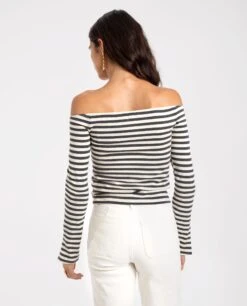 CAMISETA PLANS AWAIT · RAYAS -[品牌] Ventas THE-ARE camiseta rayas gris escote bardot manga larga mujer the are eci img 2