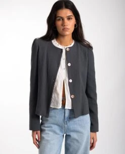 CHAQUETA MY ROUTE · GRIS -[品牌] Ventas THE-ARE chaqueta gris entallada abotonada forro elegante mujer the are 1 a