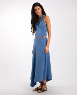 FALDA ISLAND GIRL · AZUL -[品牌] Ventas THE-ARE falda larga azul fluida brillo conjunto mujer the are 33