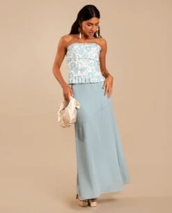 FALDA ELISA · AZUL -[品牌] Ventas THE-ARE falda midi azul lisa conjunto invitada mujer the are eci img 1