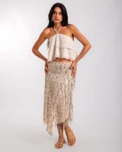 FALDA MOON TAN · DORADO -[品牌] Ventas THE-ARE falda midi estampada lentejuelas doradas bajo asimetrico mujer the are 5