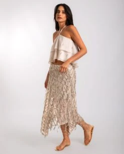 FALDA MOON TAN · DORADO -[品牌] Ventas THE-ARE falda midi estampada lentejuelas doradas bajo asimetrico mujer the are eci img 1