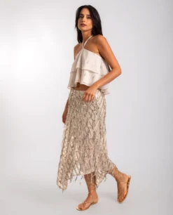 FALDA MOON TAN · DORADO -[品牌] Ventas THE-ARE falda midi estampada lentejuelas doradas bajo asimetrico mujer the are eci img 1 scaled