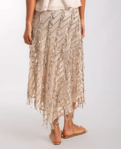 FALDA MOON TAN · DORADO -[品牌] Ventas THE-ARE falda midi estampada lentejuelas doradas bajo asimetrico mujer the are eci img 3