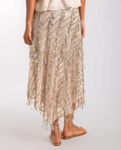 FALDA MOON TAN · DORADO -[品牌] Ventas THE-ARE falda midi estampada lentejuelas doradas bajo asimetrico mujer the are eci img 3 scaled