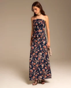 FALDA VEGA · AZUL MARINO -[品牌] Ventas THE-ARE falda midi estampado flores azul conjunto invitada mujer the are eci img 3 scaled