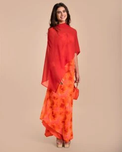 FALDA TERESA · ESTAMPADO -[品牌] Ventas THE-ARE falda midi naranja estampado flores bajo asimetrico conjunto eventos mujer the are