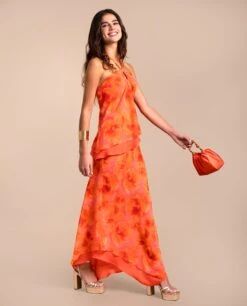 FALDA TERESA · ESTAMPADO -[品牌] Ventas THE-ARE falda midi naranja estampado flores bajo asimetrico conjunto eventos mujer the are eci img 1