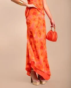 FALDA TERESA · ESTAMPADO -[品牌] Ventas THE-ARE falda midi naranja estampado flores bajo asimetrico conjunto eventos mujer the are eci img 2