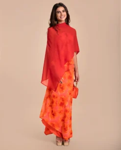 FALDA TERESA · ESTAMPADO -[品牌] Ventas THE-ARE falda midi naranja estampado flores bajo asimetrico conjunto eventos mujer the are scaled