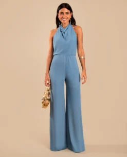 MONO DELIA · AZUL -[品牌] Ventas THE-ARE mono azul gasa cuello drapeado halter invitada mujer the are eci img 1 scaled