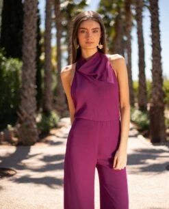 MONO DELIA · CIRUELA -[品牌] Ventas THE-ARE mono ciruela gasa cuello drapeado halter invitada mujer the are 3