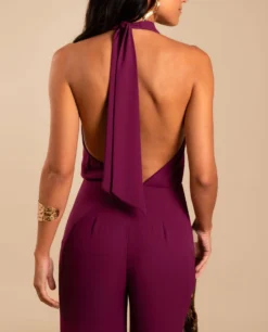 MONO DELIA · CIRUELA -[品牌] Ventas THE-ARE mono ciruela gasa cuello drapeado halter invitada mujer the are eci img 4 scaled