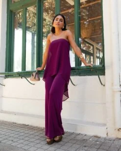 MONO TRIANA · CIRUELA -[品牌] Ventas THE-ARE mono largo ciruela palabra honor punto multiposicion gasa palazzo eventos mujer the are4