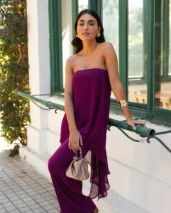 MONO TRIANA · CIRUELA -[品牌] Ventas THE-ARE mono largo ciruela palabra honor punto multiposicion gasa palazzo eventos mujer the are5