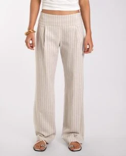 PANTALÓN SINTRA · BLANCO Y BEIGE -[品牌] Ventas THE-ARE pantalon beige lino raya diplomatica fluido recto mujer the are eci img 2