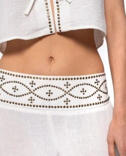 PANTALÓN ESSENCE · BLANCO -[品牌] Ventas THE-ARE pantalon blanco lino tachuelas conjunto elegante fiesta mujer the are 5