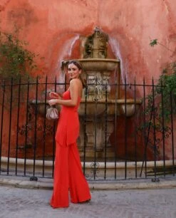 PANTALÓN ALGECIRAS · CORAL -[品牌] Ventas THE-ARE pantalon coral elegante pata ancha elastico conjunto invitada mujer the are 2