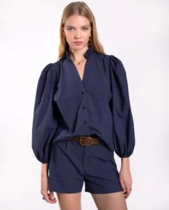 SHORT SECRET SPOT · AZUL -[品牌] Ventas THE-ARE pantalon corto azul bermuda talle alto algodon mujer the are 5