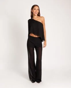 PANTALÓN GIRLS NIGHT · NEGRO -[品牌] Ventas THE-ARE pantalon negro transparencias largo tiro alto gasa recto fiesta mujer the are