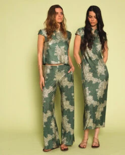 PANTALÓN JADE BLOOM · VERDE -[品牌] Ventas THE-ARE pantalon recto satinado jacquard verde conjunto elegante fiesta mujer the are 6