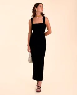 VESTIDO ADRA · NEGRO -[品牌] Ventas THE-ARE prueba vestido midi negro elegante tirantes fruncidos eventos mujer the are eci img 2