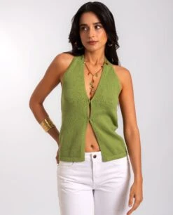 TOP ISLAND SPIRIT · VERDE -[品牌] Ventas THE-ARE top cuello halter verde punto mujer the are eci img 1