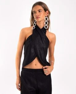 TOP NEVER LATE · NEGRO -[品牌] Ventas THE-ARE top negro brillante escote cruzado conjunto mujer the are