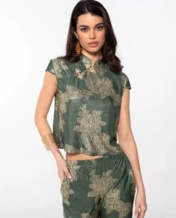 TOP JADE BLOOM · VERDE -[品牌] Ventas THE-ARE top verde escote cerrado satinado jacquard conjunto elegante fiesta mujer the are eci img 1
