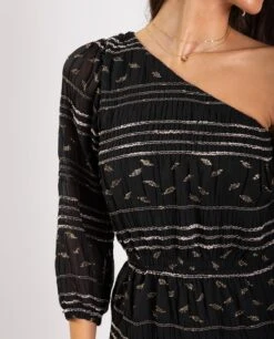 VESTIDO MAKE A WISH · NEGRO Y DORADO -[品牌] Ventas THE-ARE vestido corto asimetrico negro dorado gasa lurex brillo fiesta mujer the are eci img 4