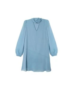 VESTIDO CAYETANA · AZUL -[品牌] Ventas THE-ARE vestido corto azul gasa cuello pico foulard elegante mujer invitada the are eci img 5