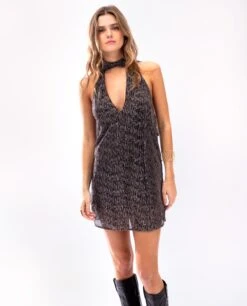 VESTIDO LET'S MEET UP · PLATA -[品牌] Ventas THE-ARE vestido corto brillo lurex plateado dorado tirantes fular mujer the are eci img 2