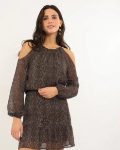 VESTIDO TOGETHER AGAIN · ESTAMPADO -[品牌] Ventas THE-ARE vestido corto estampado geometrico gasa verde oscuro manga larga hombros descubierto mujer the are 3