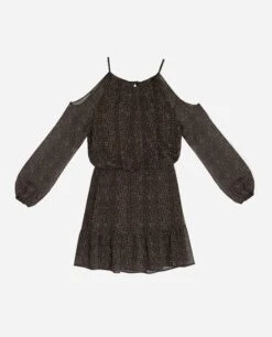 VESTIDO TOGETHER AGAIN · ESTAMPADO -[品牌] Ventas THE-ARE vestido corto estampado geometrico gasa verde oscuro manga larga hombros descubierto mujer the are eci img 5