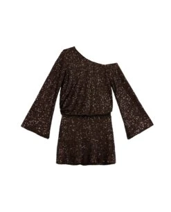 VESTIDO I'M ON TONIGHT · MARRÓN -[品牌] Ventas THE-ARE vestido corto lentejuelas marron manga larga escote asimetrico hombro descubierto fiesta mujer the are eci img 5