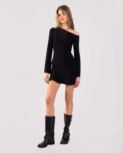 VESTIDO NIGHT ICON · NEGRO -[品牌] Ventas THE-ARE vestido corto negro punto manga larga frunce mujer the are 1