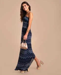 VESTIDO INÉS · AZUL MARINO -[品牌] Ventas THE-ARE vestido largo azul marino escote halter zigzag mujer the are 5